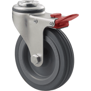 K Series castor, 100mm x 23mm grey rubber wheel, plain bearing, swivel bolt hole, total brake, grey seal & red pedal, 50 kg load rating