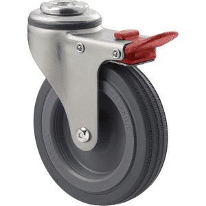 K Series castor, 100mm x 23mm grey rubber wheel, plain bearing, swivel bolt hole, total brake, Chicago screw axle, grey seal & red pedal, 50 kg load rating