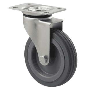 K Series castor, 100mm x 23mm grey rubber wheel, plain bearing, swivel plate, zinc, 50 kg load rating