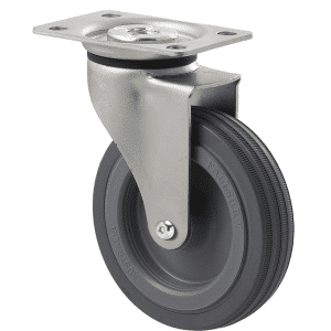 K Series castor, 100mm x 23mm grey rubber wheel, plain bearing, swivel plate, zinc, Chicago screw axle, 50 kg load rating
