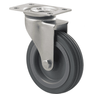 K Series castor, 100mm x 23mm grey rubber wheel, plain bearing, swivel plate, zinc, grey seal, 50 kg load rating