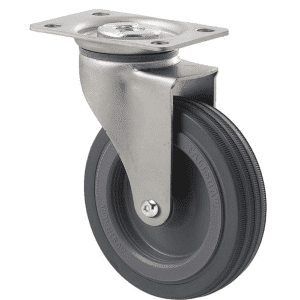 K Series castor, 100mm x 23mm grey rubber wheel, plain bearing, swivel plate, zinc, Chicago screw axle, grey seal, 50 kg load rating