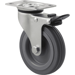 K Series castor, 100mm x 23mm grey rubber wheel, plain bearing, swivel plate, total brake, 50 kg load rating