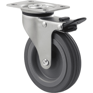 K Series castor, 100mm x 23mm grey rubber wheel, plain bearing, swivel plate, total brake, Chicago screw axle, 50 kg load rating