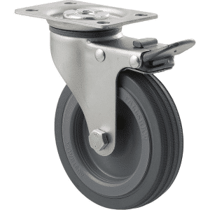 K Series castor, 100mm x 23mm grey rubber wheel, plain bearing, swivel plate, total brake, grey seal & pedal, 50 kg load rating