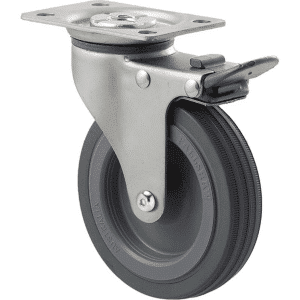 K Series castor, 100mm x 23mm grey rubber wheel, plain bearing, swivel plate, total brake, Chicago screw axle, grey seal & pedal, 50 kg load rating