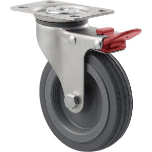 K Series castor, 100mm x 23mm grey rubber wheel, plain bearing, swivel plate, total brake, grey seal & red pedal, 50 kg load rating