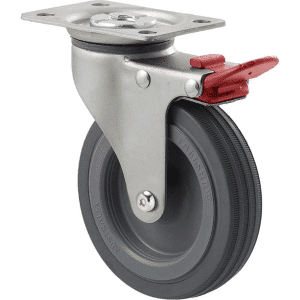 K Series castor, 100mm x 23mm grey rubber wheel, plain bearing, swivel plate, total brake, Chicago screw axle, grey seal & red pedal, 50 kg load rating