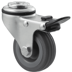 K Series castor, 65mm x 23mm grey rubber wheel, plain bearing, swivel bolt hole, total brake, 50 kg load rating