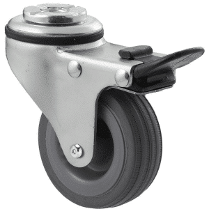 K Series castor, 65mm x 23mm grey rubber wheel, plain bearing, swivel bolt hole, total brake, Chicago screw axle, 50 kg load rating