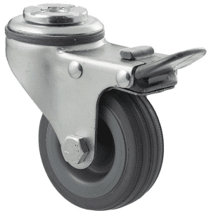 K Series castor, 65mm x 23mm grey rubber wheel, plain bearing, swivel bolt hole, total brake, grey seal & pedal, 50 kg load rating