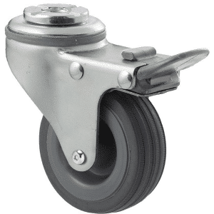 K Series castor, 65mm x 23mm grey rubber wheel, plain bearing, swivel bolt hole, total brake, Chicago screw axle, grey seal & pedal, 50 kg load rating