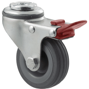 K Series castor, 65mm x 23mm grey rubber wheel, plain bearing, swivel bolt hole, total brake, grey seal & red pedal, 50 kg load rating