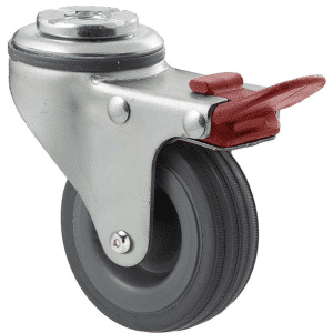 K Series castor, 65mm x 23mm grey rubber wheel, plain bearing, swivel bolt hole, total brake, Chicago screw axle, grey seal & red pedal, 50 kg load rating