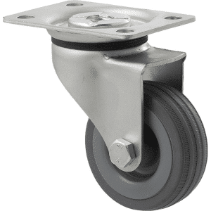K Series castor, 65mm x 23mm grey rubber wheel, plain bearing, swivel plate, zinc, 50 kg load rating