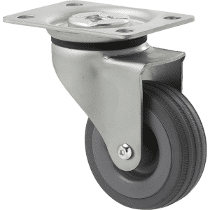 K Series castor, 65mm x 23mm grey rubber wheel, plain bearing, swivel plate, zinc, Chicago screw axle, 50 kg load rating