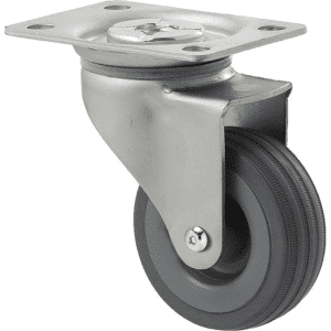 K Series castor, 65mm x 23mm grey rubber wheel, plain bearing, swivel plate, zinc, Chicago screw axle, grey seal, 50 kg load rating