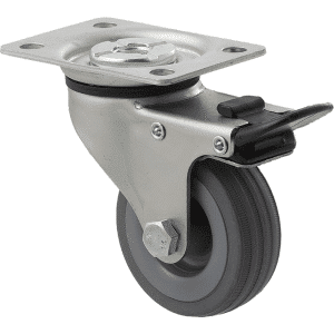 K Series castor, 65mm x 23mm grey rubber wheel, plain bearing, swivel plate, total brake, 50 kg load rating