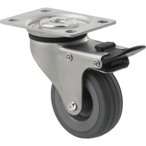 K Series castor, 65mm x 23mm grey rubber wheel, plain bearing, swivel plate, total brake, Chicago screw axle, grey seal & pedal, 50 kg load rating