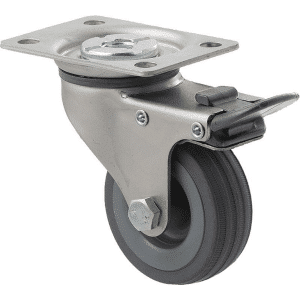 K Series castor, 65mm x 23mm grey rubber wheel, plain bearing, swivel plate, total brake, grey seal & pedal, 50 kg load rating