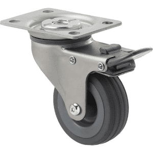 K Series castor, 65mm x 23mm grey rubber wheel, plain bearing, swivel plate, total brake, Chicago screw axle, 50 kg load rating