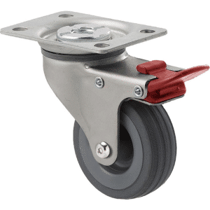 K Series castor, 65mm x 23mm grey rubber wheel, plain bearing, swivel plate, total brake, Chicago screw axle, grey seal & red pedal, 50 kg load rating