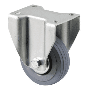 K Series castor, 75mm x 28mm x 23mm grey rubber wheel, plain bearing, thread guard, fixed plate, 50 kg load rating