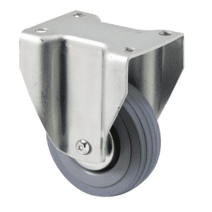K Series castor, 75mm x 28mm x 23mm grey rubber wheel, plain bearing, thread guard, fixed plate, Chicago screw axle, 50 kg load rating