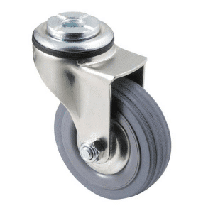 K Series castor, 75mm x 28mm x 23mm grey rubber wheel, plain bearing, thread guard, swivel bolt hole, 50 kg load rating