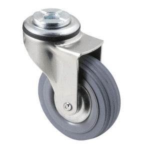 K Series castor, 75mm x 28mm x 23mm grey rubber wheel, plain bearing, thread guard, swivel bolt hole, Chicago screw axle, 50 kg load rating