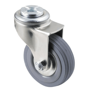 K Series castor, 75mm x 28mm x 23mm grey rubber wheel, plain bearing, thread guard, swivel bolt hole, grey seal, 50 kg load rating