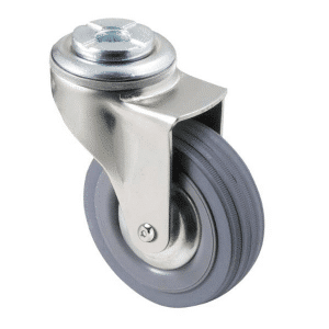 K Series castor, 75mm x 28mm x 23mm grey rubber wheel, plain bearing, thread guard, swivel bolt hole, Chicago screw axle, grey seal, 50 kg load rating