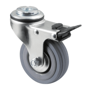 K Series castor, 75mm x 28mm x 23mm grey rubber wheel, thread guard, swivel bolt hole, total brake, 50 kg load rating