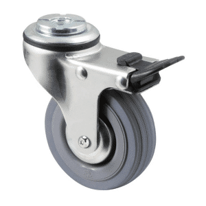 K Series castor, 75mm x 28mm x 23mm grey rubber wheel, thread guard, swivel bolt hole, total brake, Chicago screw axle, 50 kg load rating