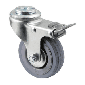 K Series castor, 75mm x 28mm x 23mm grey rubber wheel, thread guard, swivel bolt hole, total brake, grey seal & pedal, 50 kg load rating