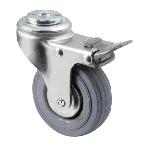K Series castor, 75mm x 28mm x 23mm grey rubber wheel, thread guard, swivel bolt hole, total brake, Chicago screw axle, grey seal & pedal, 50 kg load rating