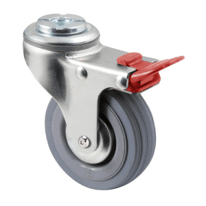 K Series castor, 75mm x 28mm x 23mm grey rubber wheel, thread guard, swivel bolt hole, total brake, Chicago screw axle, grey seal & red pedal, 50 kg load rating