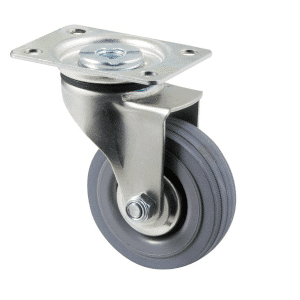 K Series castor, 75mm x 28mm x 23mm grey rubber wheel, plain bearing, thread guard, swivel plate, 50 kg load rating