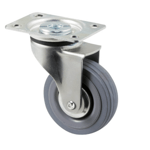 K Series castor, 75mm x 28mm x 23mm grey rubber wheel, plain bearing, thread guard, swivel plate, Chicago screw axle, 50 kg load rating