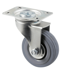 K Series castor, 75mm x 28mm x 23mm grey rubber wheel, plain bearing, thread guard, swivel plate, 50 kg load rating