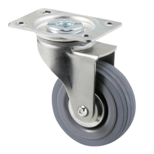 K Series castor, 75mm x 28mm x 23mm grey rubber wheel, plain bearing, thread guard, swivel plate, Chicago screw axle, 50 kg load rating