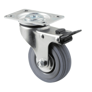 K Series castor, 75mm x 28mm x 23mm grey rubber wheel, thread guard, swivel plate, total brake, 50 kg load rating