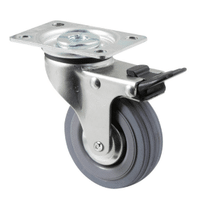 K Series castor, 75mm x 28mm x 23mm grey rubber wheel, thread guard, swivel plate, total brake, Chicago screw axle, 50 kg load rating