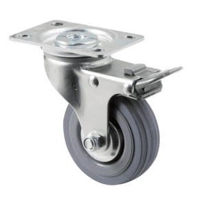 K Series castor, 75mm x 28mm x 23mm grey rubber wheel, thread guard, swivel plate, total brake, grey seal, grey seal & pedal, 50 kg load rating