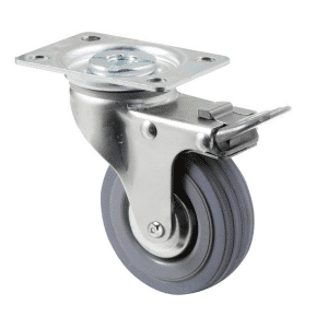 K Series castor, 75mm x 28mm x 23mm grey rubber wheel, thread guard, swivel plate, total brake, Chicago screw axle, grey seal, grey seal & pedal, 50 kg load rating