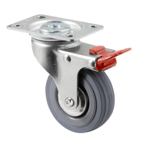 K Series castor, 75mm x 28mm x 23mm grey rubber wheel, thread guard, swivel plate, total brake, Chicago screw axle, grey seal & red pedal, 50 kg load rating
