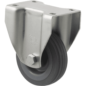 K Series castor, 75mm x 28mm x 23mm grey rubber wheel, plain bearing, fixed plate zinc, 50 kg load rating