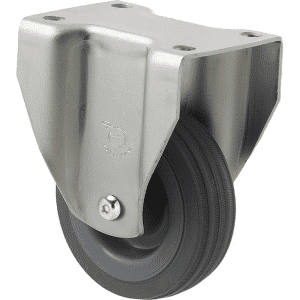 K Series castor, 75mm x 28mm x 23mm grey rubber wheel, plain bearing, fixed plate zinc, Chicago screw axle, 50 kg load rating