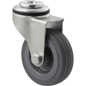 K Series castor, 75mm x 28mm x 23mm grey rubber wheel, plain bearing, swivel bolt hole zinc, 50 kg load rating