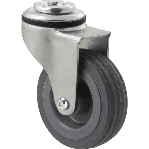 K Series castor, 75mm x 28mm x 23mm grey rubber wheel, plain bearing, swivel bolt hole zinc, Chicago screw axle, 50 kg load rating